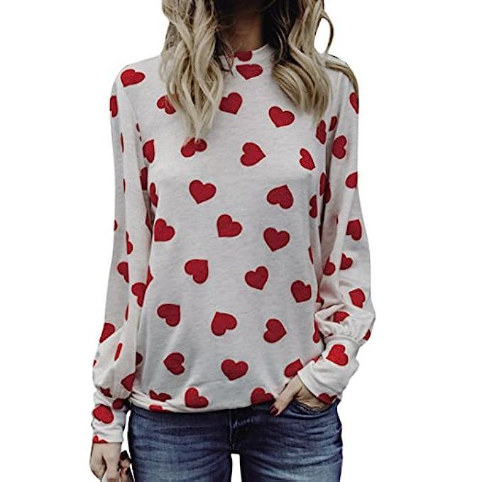 Highpot Women Heart Print Blouses Tops Long Sleeve T-Shirt White | Amazon (US)