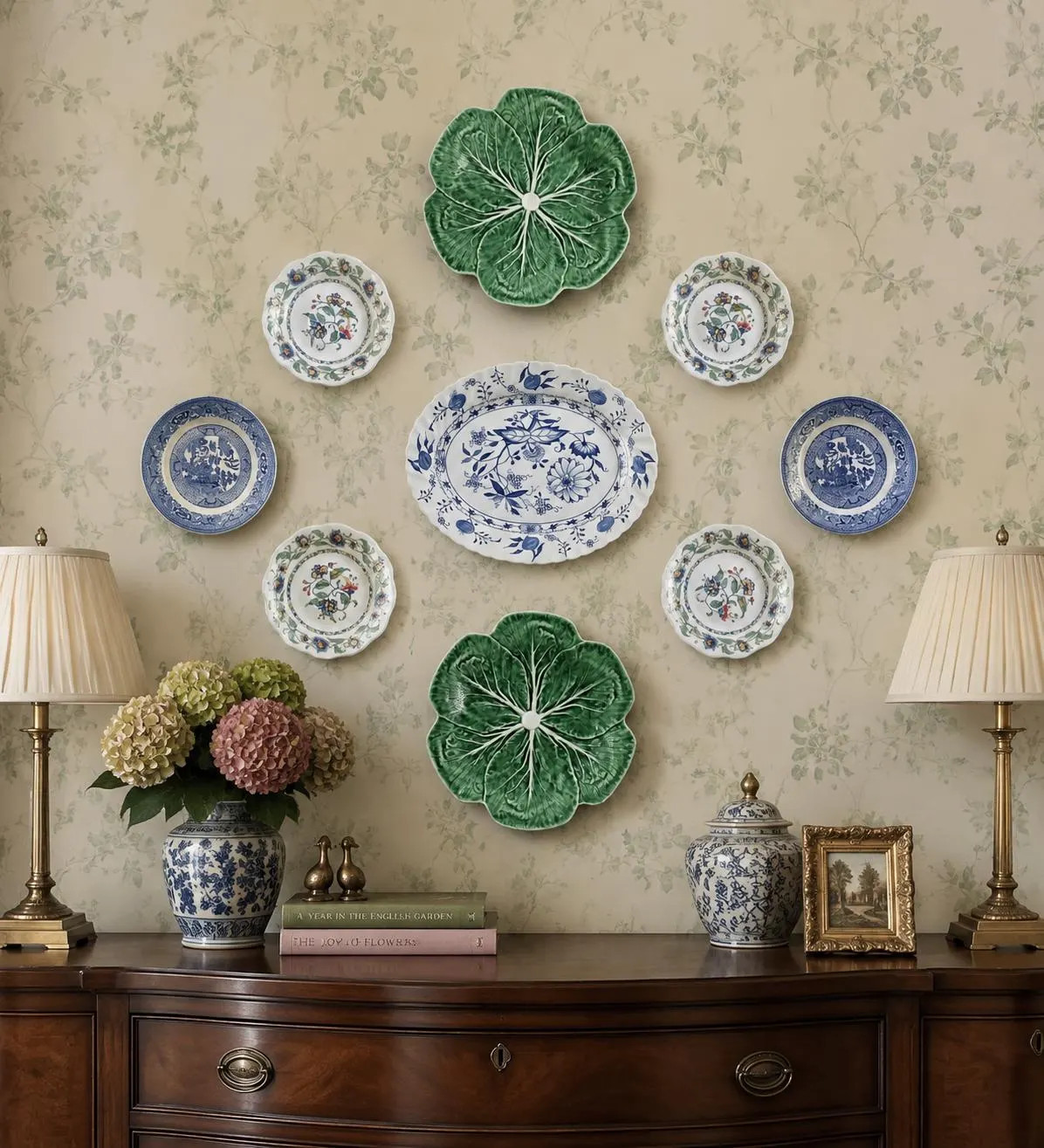 Vintage Blue and White Plate Wall | Green Cabbage Leaf Plates | Chinoiserie Wall Decor | Grandmillennial Gallery Wall | Cottage Decor | Etsy (Global)