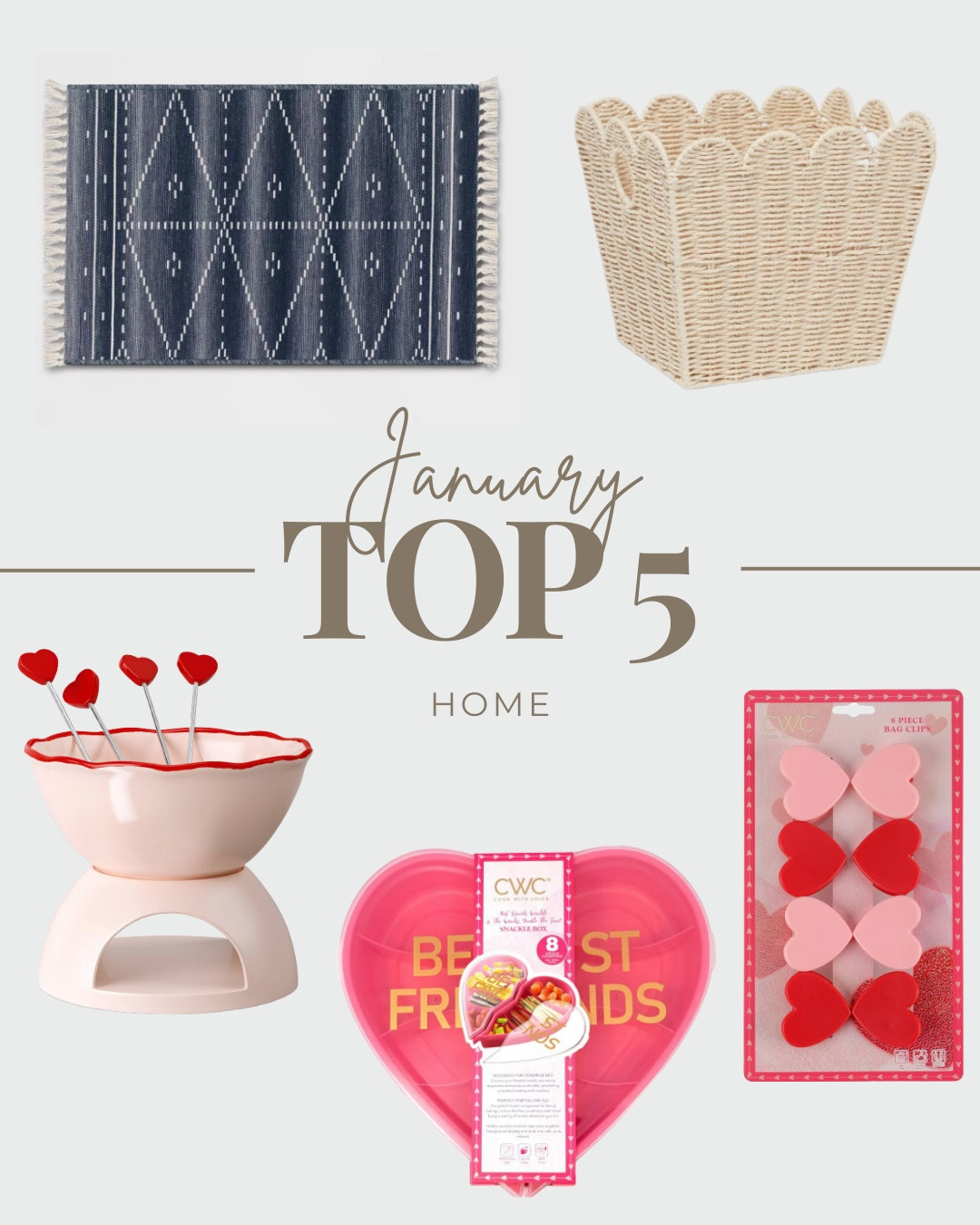 Our top five best selling home products for the month of January.  Obsessed with this rug, bought it for my guest bedroom, the scallop storage baskets for playroom and kids rooms are a great target find, people were loving these heart shaped chip clips, along with the Valentines fondue and SNACKLE boxes! 

#ValentinesDayGifts #ValentinesDay #LastMinuteValentines #TargetStyle #TargetFinds #BestSellers

#LTKHome #LTKMostLoved #LTKSeasonal