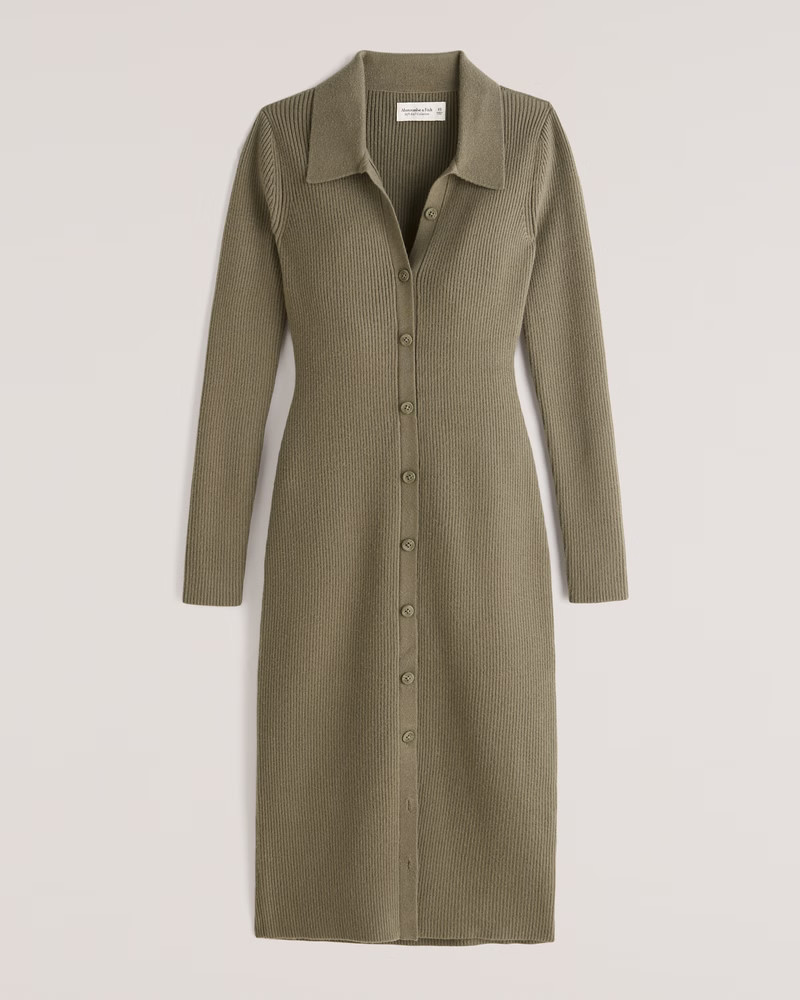 Abercrombie & Fitch Women's Polo Midi Sweater Dress in Olive Green - Size L | Abercrombie & Fitch (US)