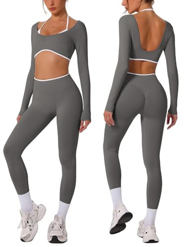 ABOCIW Womens Workout Sets Seamless Color Block Backless Long Sleeve Crop Top Scrunch Butt Lifting High Waist Leggings 2 Piece Gym Set Yoga Pilates Outfits Gray Small | Amazon (US)