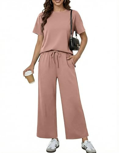PINSPARK 2 Piece Sets for Women Summer 2025 Soft Short Sleeve Lounge Sets Drawstring Wide Leg Casual Travel Matching Set 2025,Pale Pink XX-Large | Amazon (US)