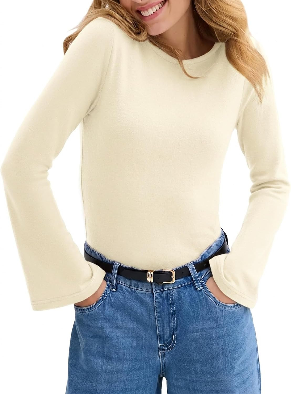 Tankaneo Womens Bell Long Sleeve Thermal Shirts Basic Fleece Tops T-Shirts | Amazon (US)