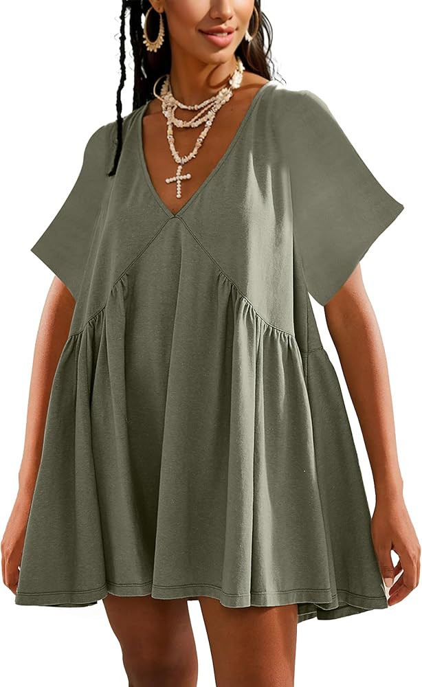 Women Summer Short Sleeve Mini Dress Casual Loose V Neck Flowy Sundress Vacation Tshirt Sun Dress... | Amazon (US)