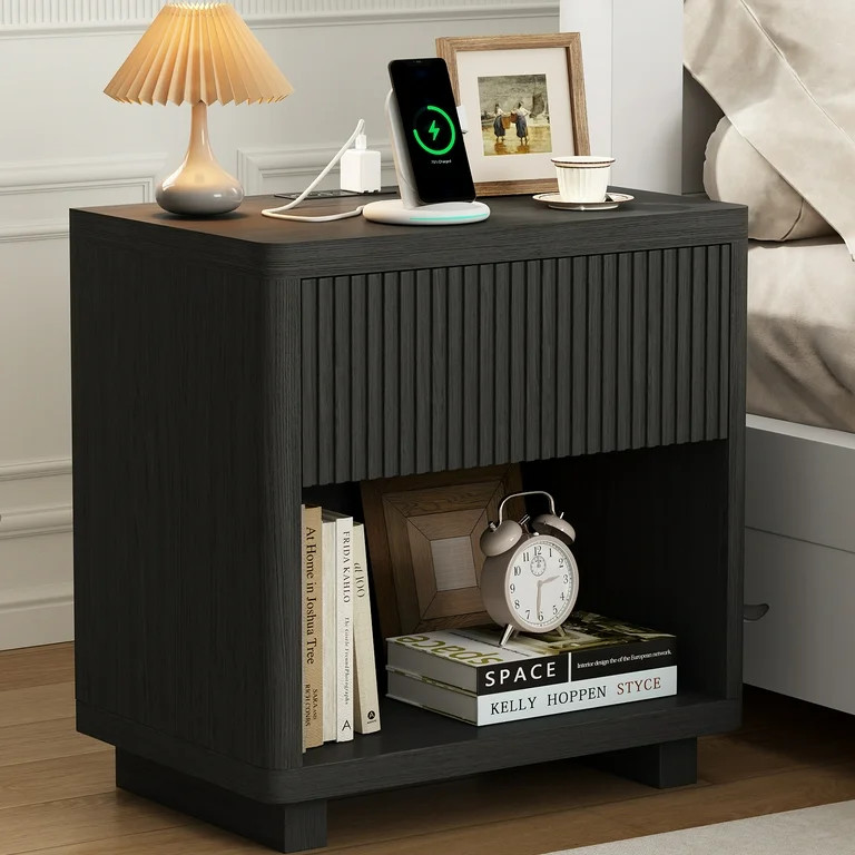 IDEALSOUL Nightstand, 24inch Fluted Bedside Table with Charging Station, End Table with open Stor... | Walmart (US)