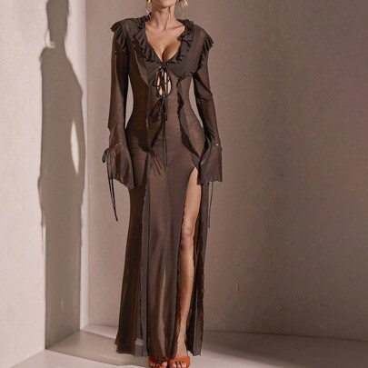Women's Brown Romantic Vacation & Date V-Neck Long Sleeve High Slit Sexy Sheer Mesh Dress, Summer & Autumn | SHEIN