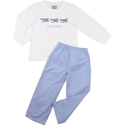Blue Gingham Embroidered Airplane Pant Set | Cecil and Lou