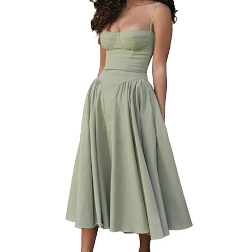 Women's Vintage Corset Dress - Elegant Bustier Spaghetti Strap A-Line Midi Dress with Pockets for Cocktail Party Light Green | Amazon (US)