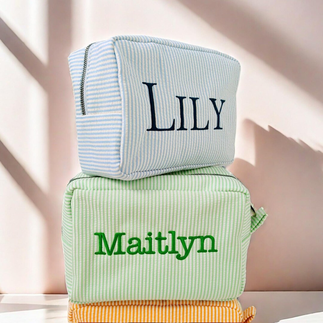 Personalized Embroidered Travel Toiletry Bag, Monogrammed Organizer,striped Seersucker Cosmetic B... | Etsy (US)