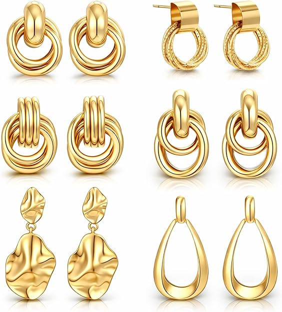 6 Pairs Trendy Gold Plated Knot Earrings for Women Chunky Statement Drop Dangle Teardrop Earrings... | Amazon (US)