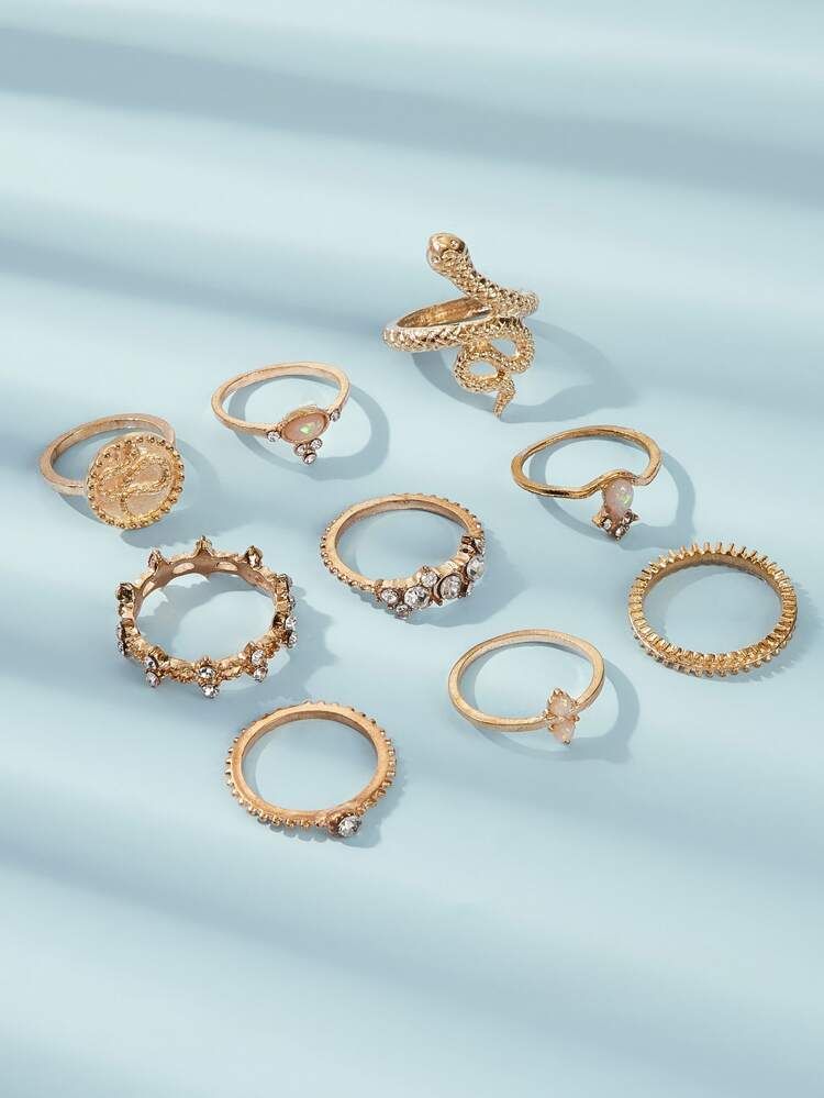 Serpentine & Rhinestone Decor Ring 9pcs | SHEIN