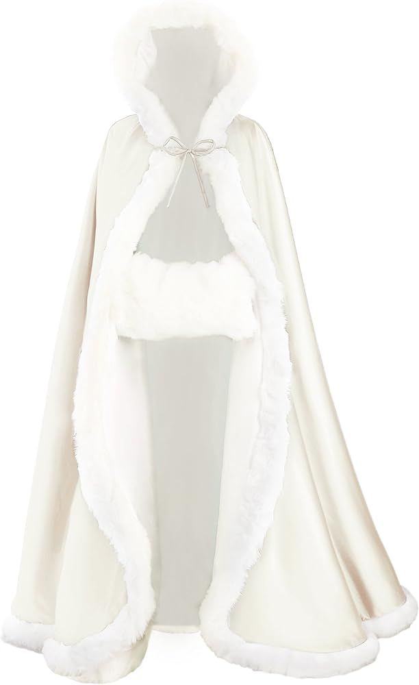 Wedding Cape Hooded Cloak for Bride Winter Reversible with Fur Trim Free Hand Muff Full Length 50 55 | Amazon (US)