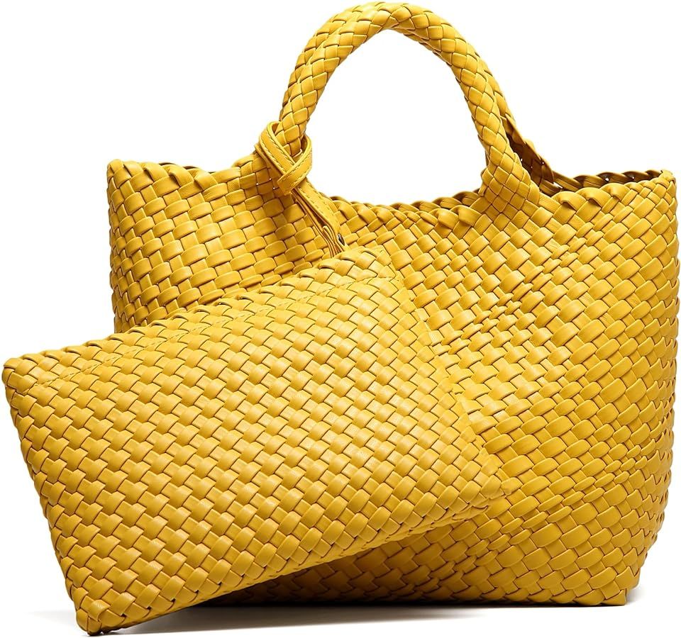 Woven Bag for Women Vegan Leather Tote Bag Large Summer Beach Travel Handbag and Purse Retro Hand... | Amazon (US)