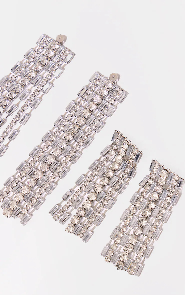 Silver Long Statement Jeweled Earrings | PrettyLittleThing US