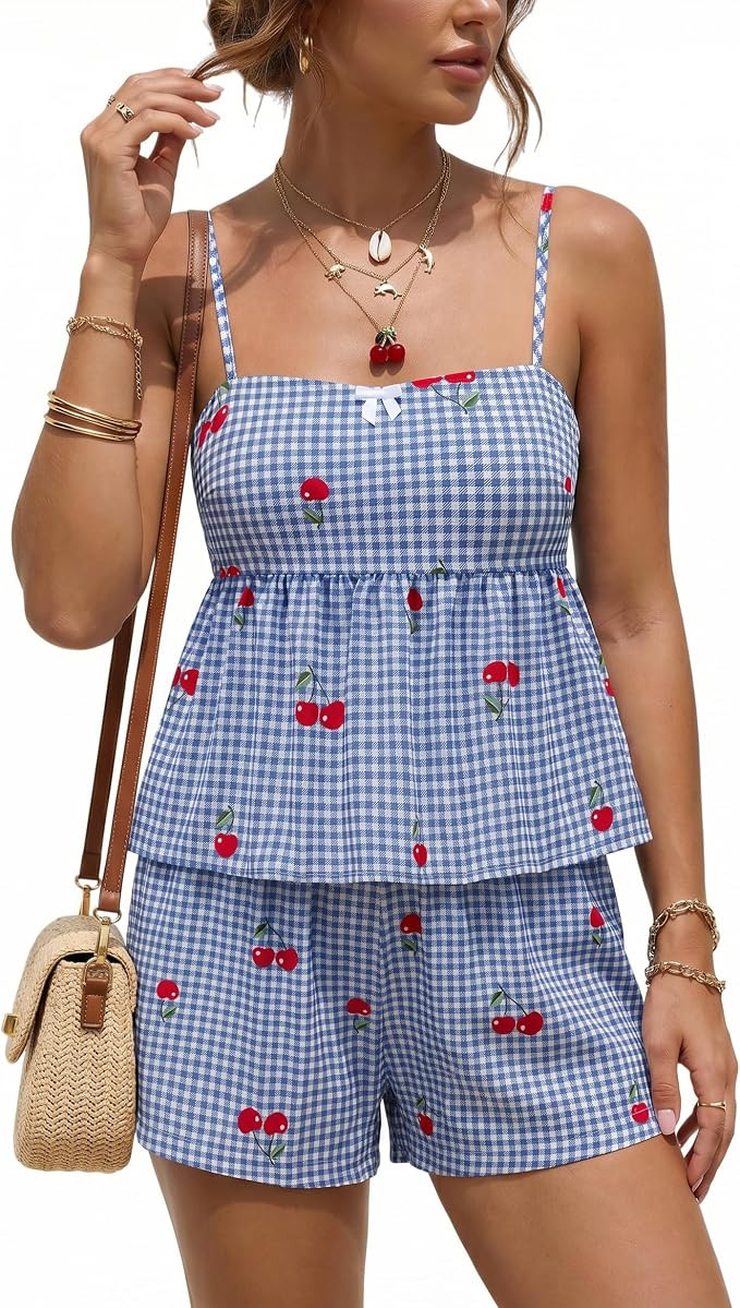 2 Piece Short Sets for Women Gingham Summer Outfit Spaghetti Strap Bowknot Tie Back Cami Tops Cut... | Amazon (US)
