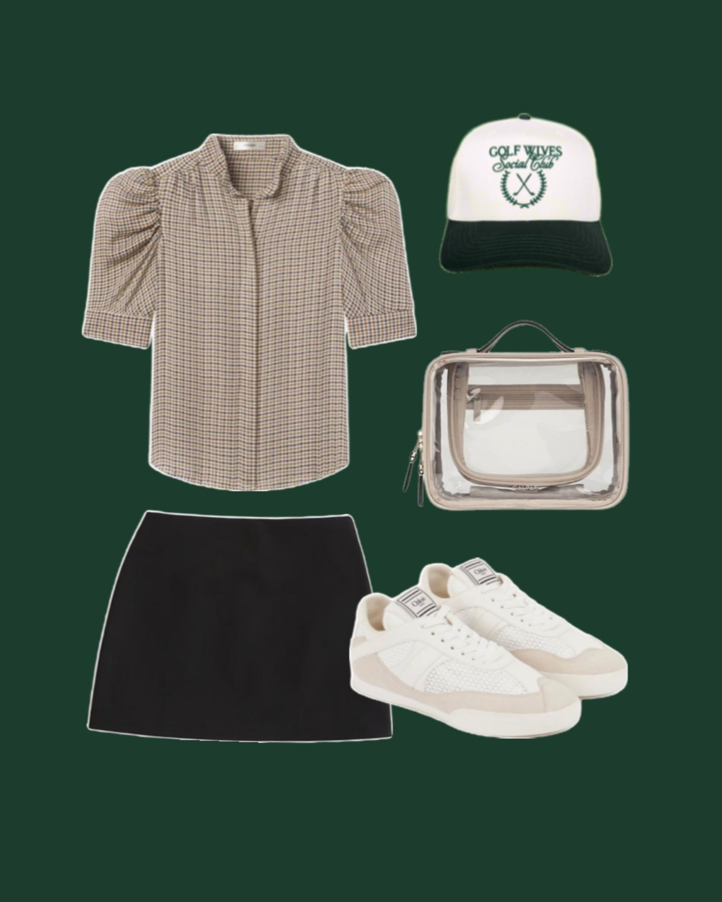 Waste management Phoenix open outfit idea ⛳️

Puff sleeve houndstooth top, black mini skirt, white sneakers outfit, clear bag for game day, trucker hat, casual chic style, tournament outfit 
