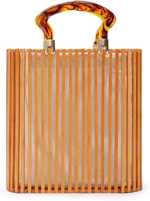 Vintage Bamboo Bag with Acrylic Handle Summer Beach Clutch Purse Handbags Bamboo Bucket Bag | Amazon (US)