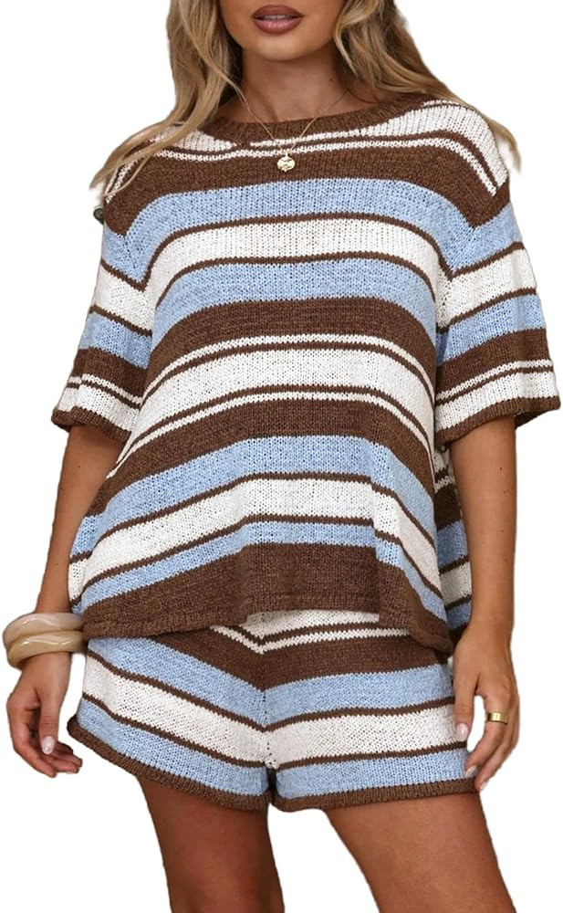 VOIKERDR Womens Striped Lounge Set Short Sleeve Top and Shorts Crochet Outfits Vacation Beachwear | Amazon (US)