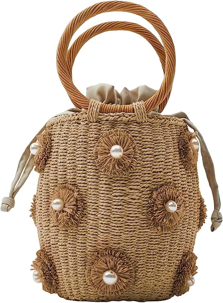 Summer Straw Bag for Women Pearl Flower Bucket Tote Bag Diamond Handbag Hand Woven Rattan Shell P... | Amazon (US)