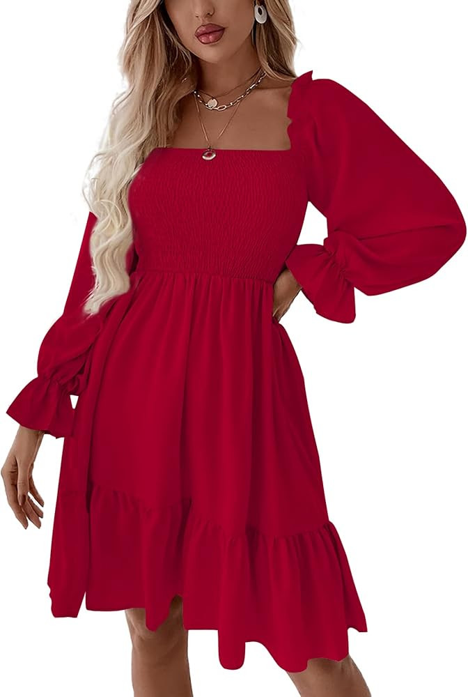 LYANER Women's Square Neck Lantern Long Sleeve Ruffle Shirred Flowy Party Mini Dress | Amazon (US)