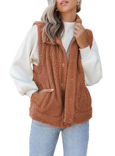 Samefar Fleece Vest for Women Fuzzy Oversized Sherpa Jacket Warm Button Down Sleeveless Cardigan Lightweight Gilet Outerwear with Pockets Brown Medium | Amazon (US)