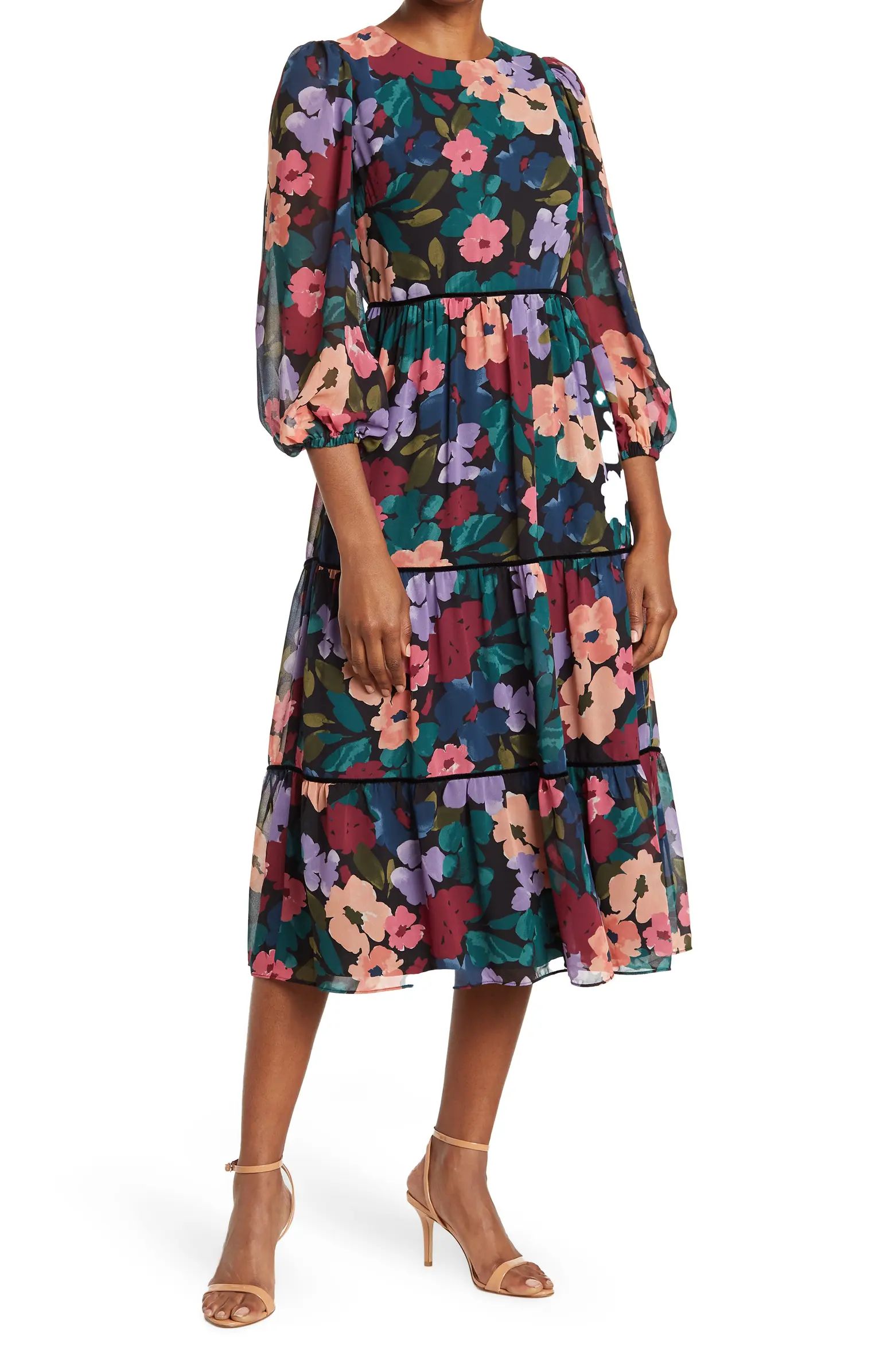 DONNA MORGAN Floral Print Tiered Midi Dress | Nordstromrack | Nordstrom Rack