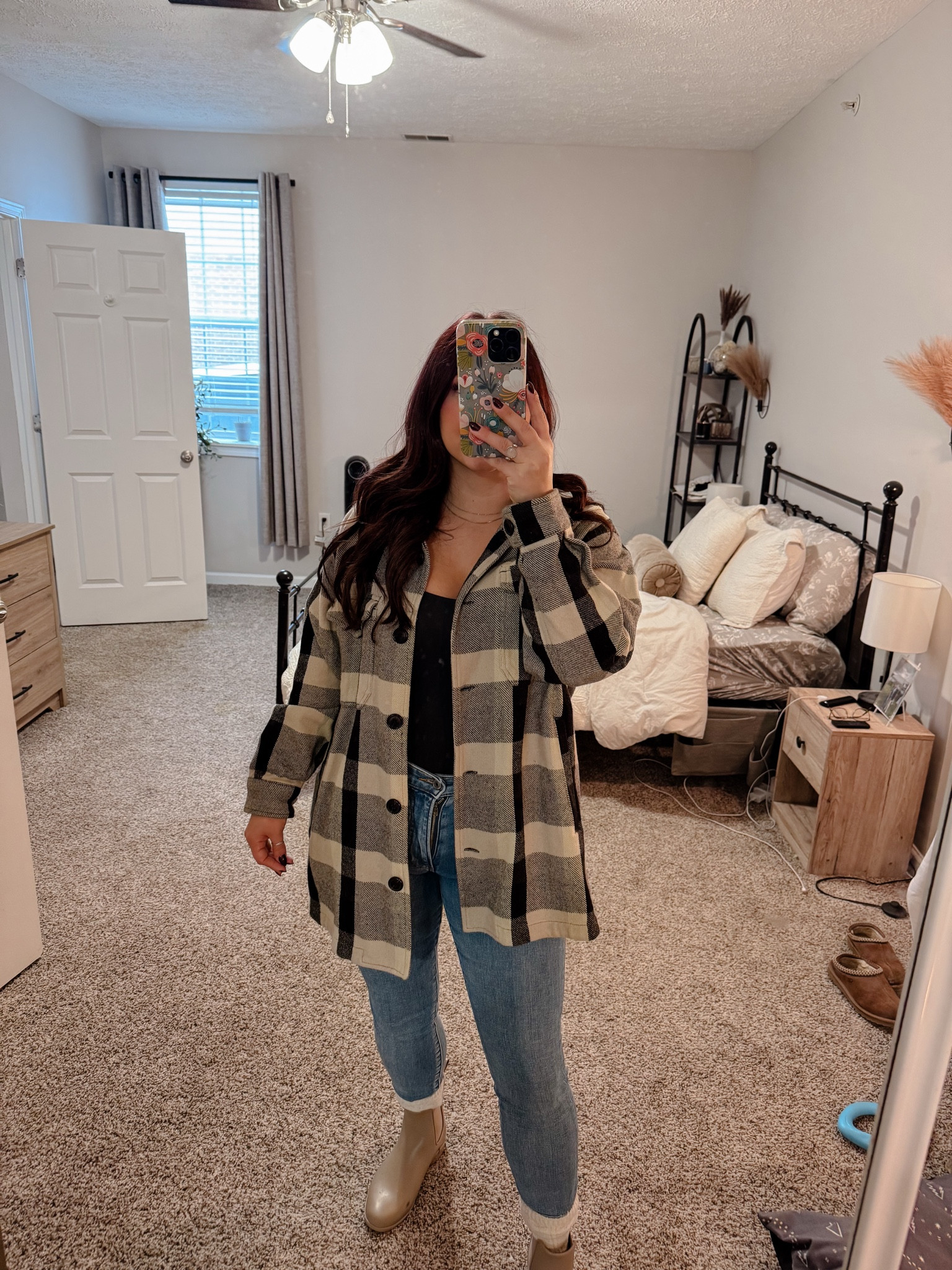 Long sleeve top: Abercrombie small 
Shacket: TJ Maxx (can’t find the correct link) 
Pants: Abercrombie curve 26 short
Shoes: Target size 6 