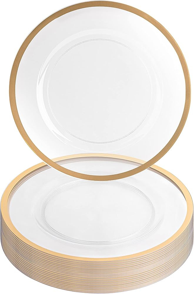 PARTY BARGAINS 13-Inch Charger Plates - 16 Pack, Clear Gold Rim, Heavy-Duty Disposable Chargers f... | Amazon (US)
