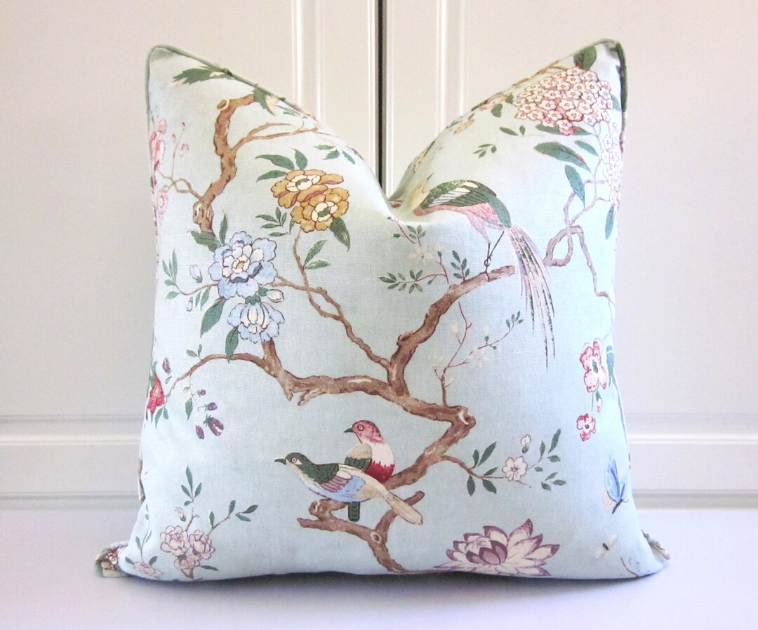 GP & J Baker Decorative Pillow Cover Oriental Bird Signature Eau De Nil in Aqua-18x18, 20x20 - Et... | Etsy (US)