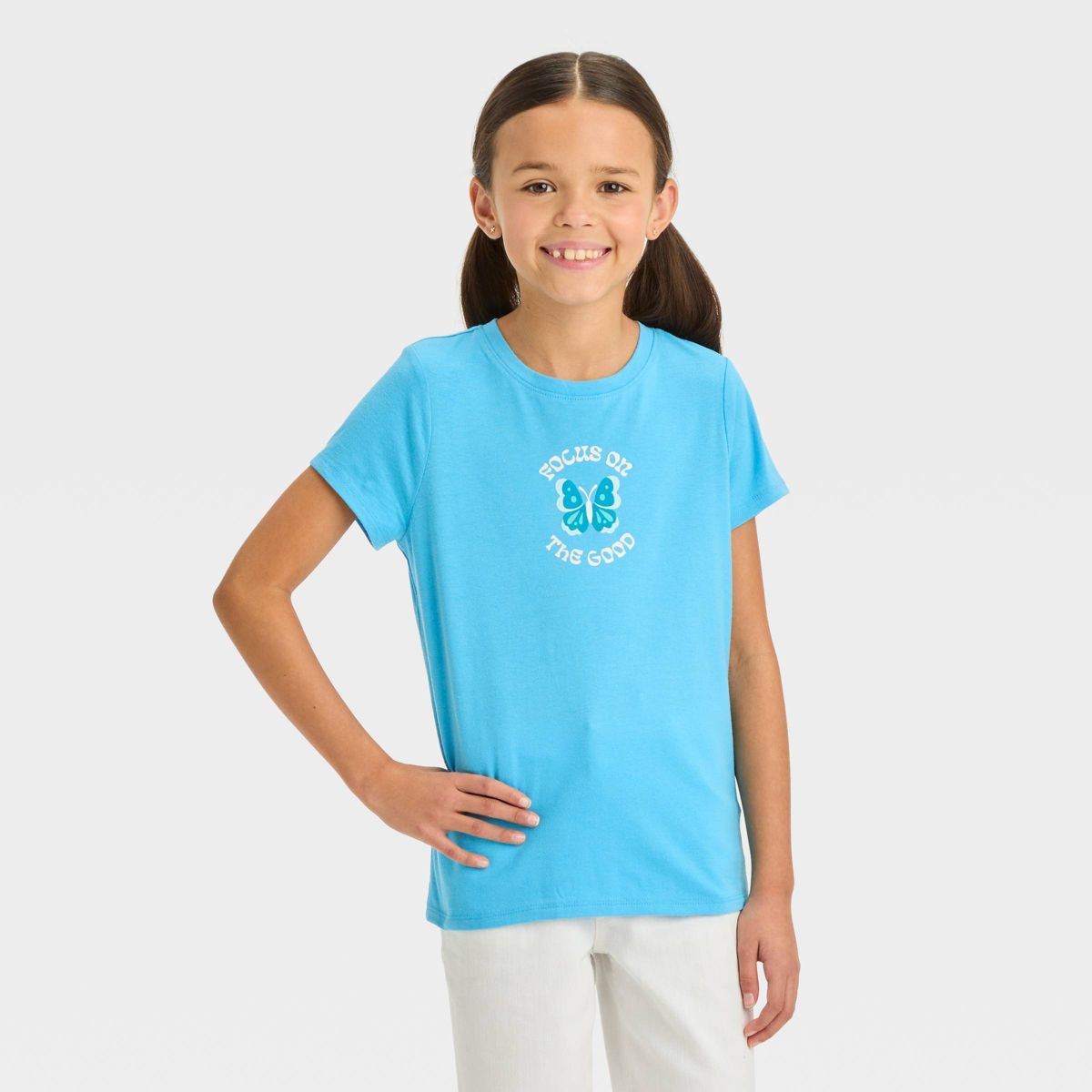 Girls' Short Sleeve 'Focus on the Good' Graphic T-Shirt - Cat & Jack™ Ocean Blue | Target