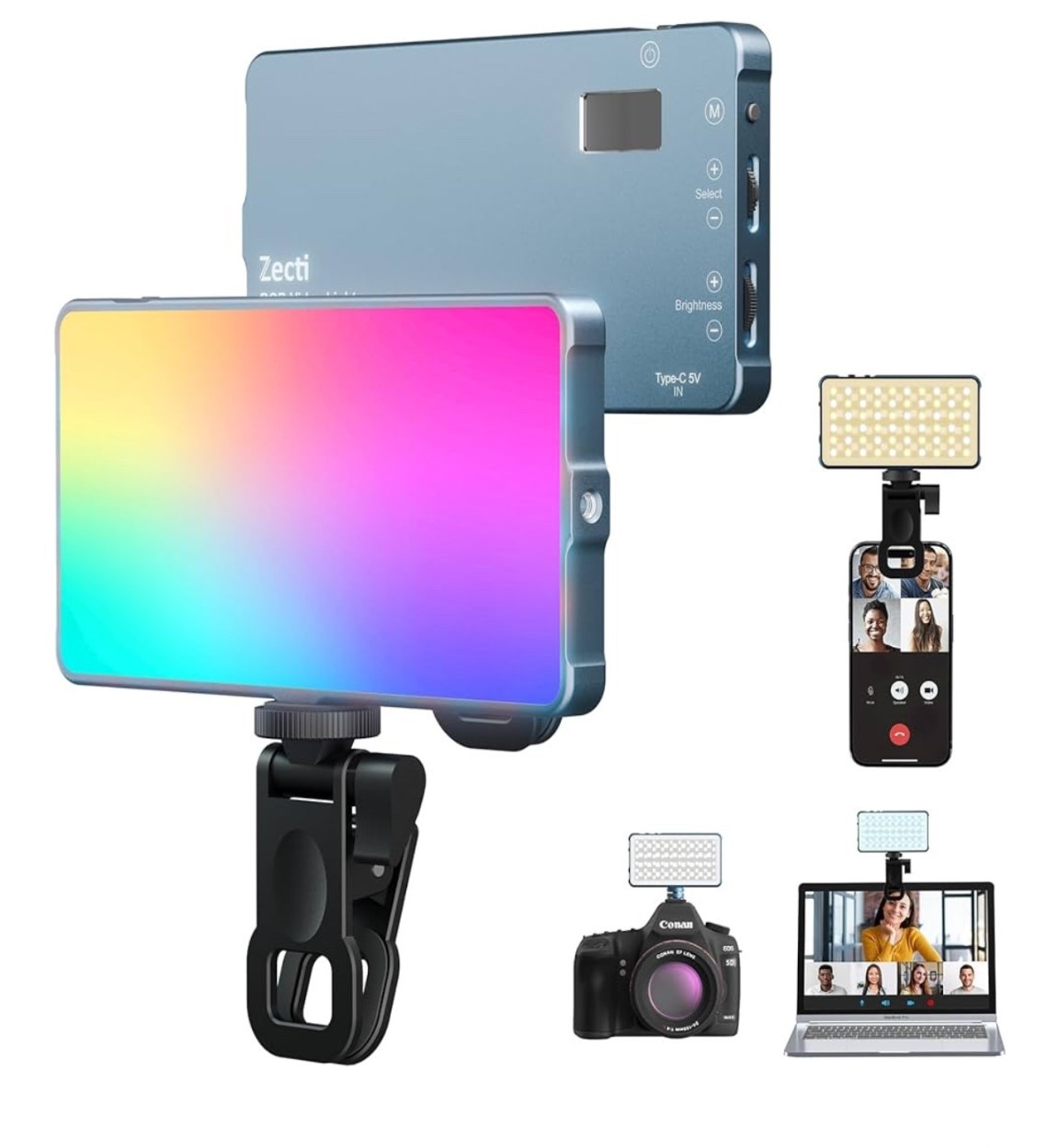 Selfie Light, 96 LED Phone Light with Metal Hotshoe & Clip, 1500mAh Rechargeable 360° Full Color 21 Scenes RGB Video Light for Phones, iPhone, Laptops, Cameras, Selfie, Video Conference,