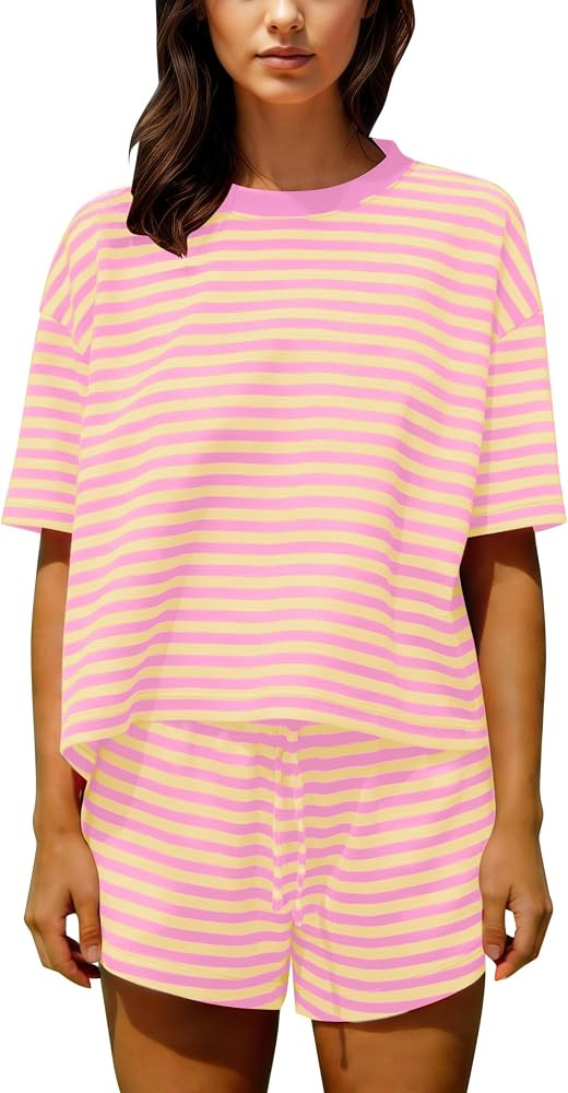 Ythomm Striped Pajamas Shorts Sets Women 2 Piece Lounge Outfits Short Sleeve Tees Drawstring Shor... | Amazon (US)