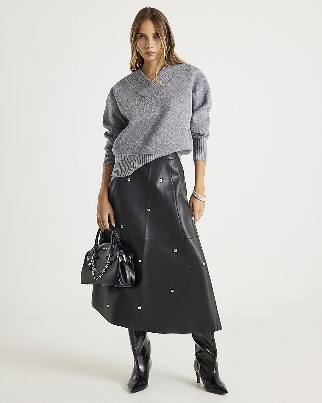 Grey Knitted V Neck Jumper | River Island UK & IE