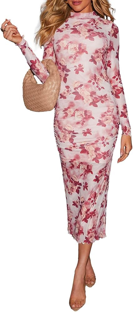 Women's Long Sleeve Bodycon Dresses Spring Fashion Mock Neck Floral Print Y2K Cocktail Party Club... | Amazon (US)