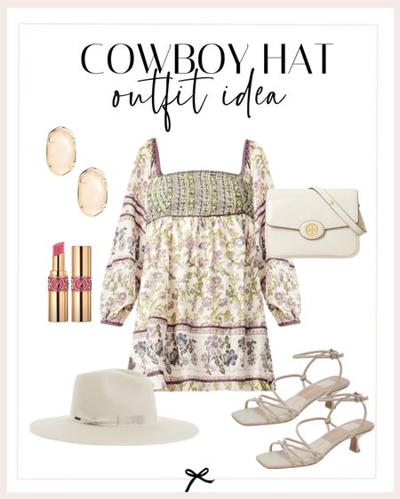 The cutest spring cowboy hat outfit inspo! Love this Free People flower dress with sandals, a cowboy hat, the Tory Burch handbag, and this pink Kendra Scott Earrings! The perfect western spring look. 

#LTKtravel #LTKSeasonal #LTKstyletip