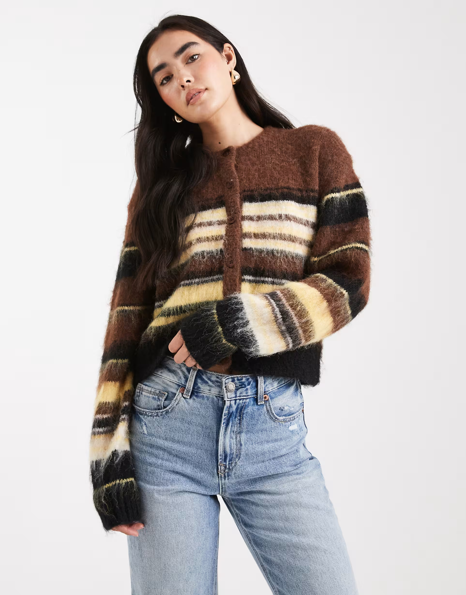 ASOS DESIGN brushed relaxed stripe crew neck cardigan in chocolate | ASOS (Global)