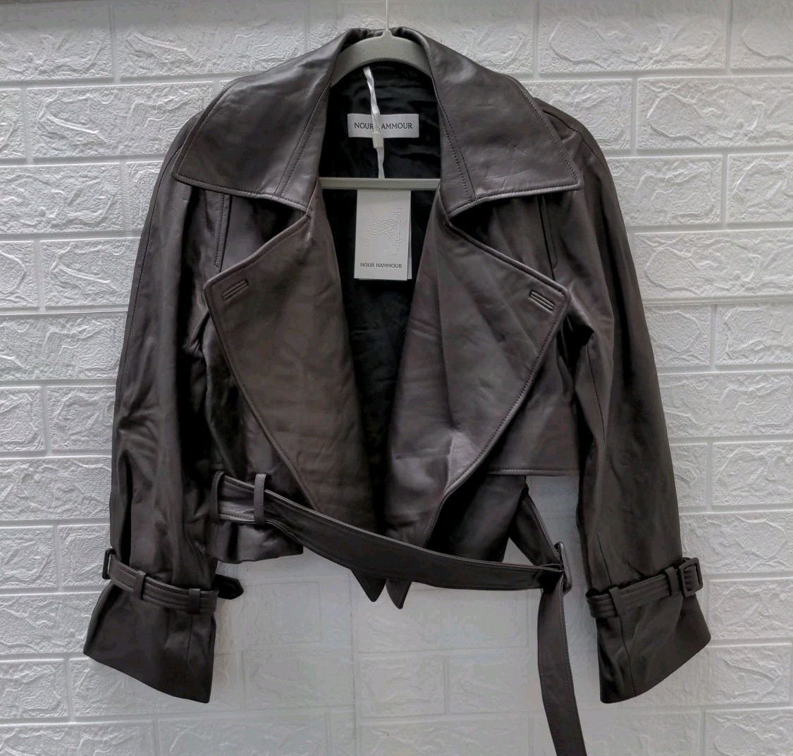 New Nour Hammour Hatti Belted Cropped Leather Jacket Brown/Chocolat<wbr/>e Size 34 | eBay US