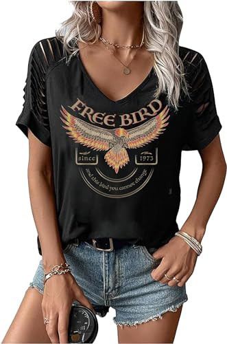 Free Bird Eagle Graphic Tees Rock Band T-Shirt Band Tees for Women Cut Out V Neck T Shirts for Women Country Music Shirt(Black2,2XL) | Amazon (US)