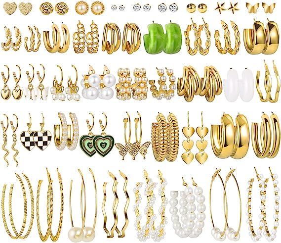 44 Pairs Gold Hoop Earrings Set for Women Multipack, Fashion Dangle Heart Statement Pearl Earring... | Amazon (US)