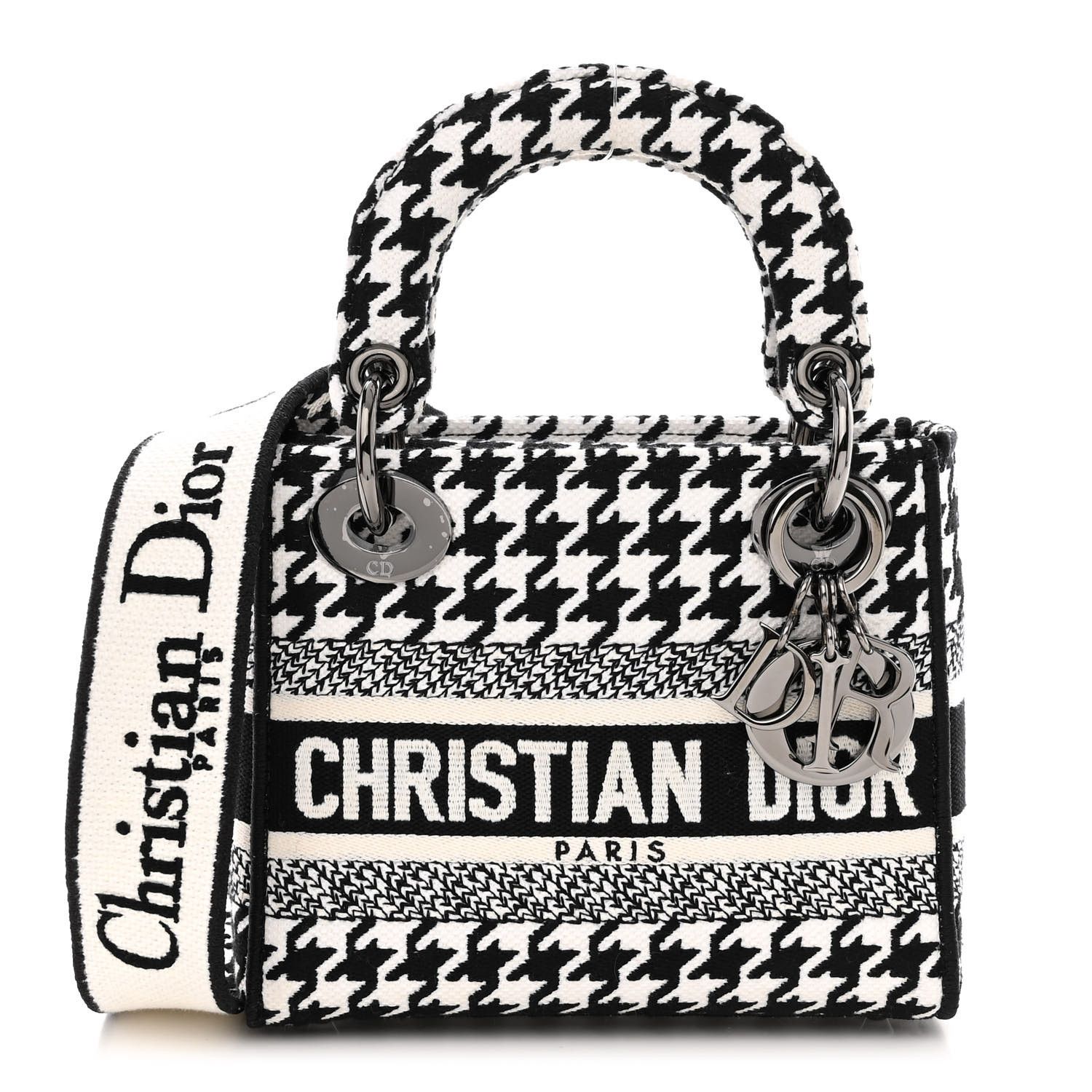 Canvas Houndstooth Embroidered Mini Lady D-Lite Black White | FASHIONPHILE (US)