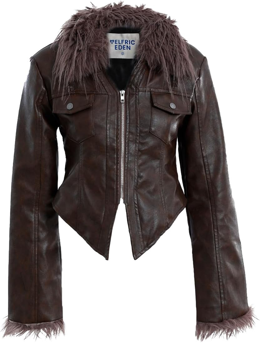 Aelfric Eden Womens Leather Jacket Zipper Fashion Vintage Furry Paneled Faux Leather Coat | Amazon (US)