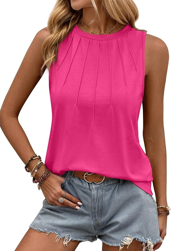 Zeagoo Summer Tank Top for Women 2025 Pleated High Neck Tops Loose Fit Flowy Dressy Tunic Sleevel... | Amazon (US)