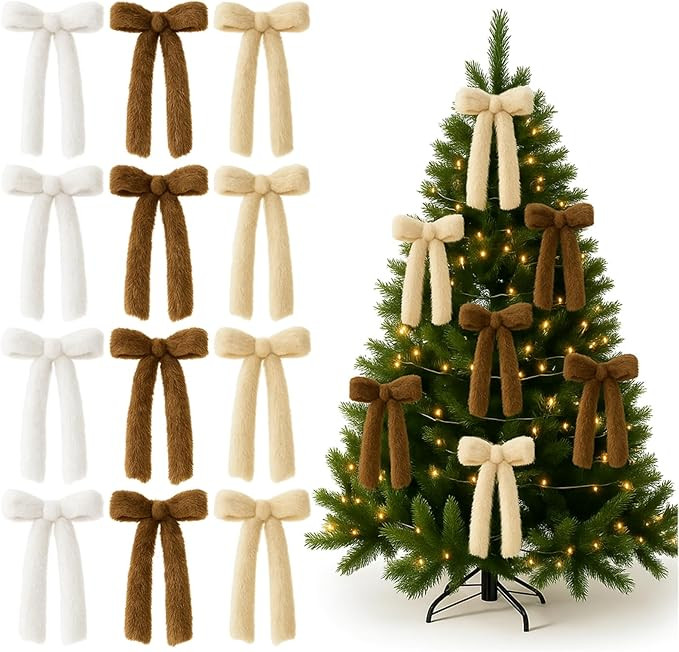 Hoteam 12pcs Large Furry Christmas Bows 11 x 18 Inch Faux Fur Tree Topper Decorations Rustic Fluf... | Amazon (US)