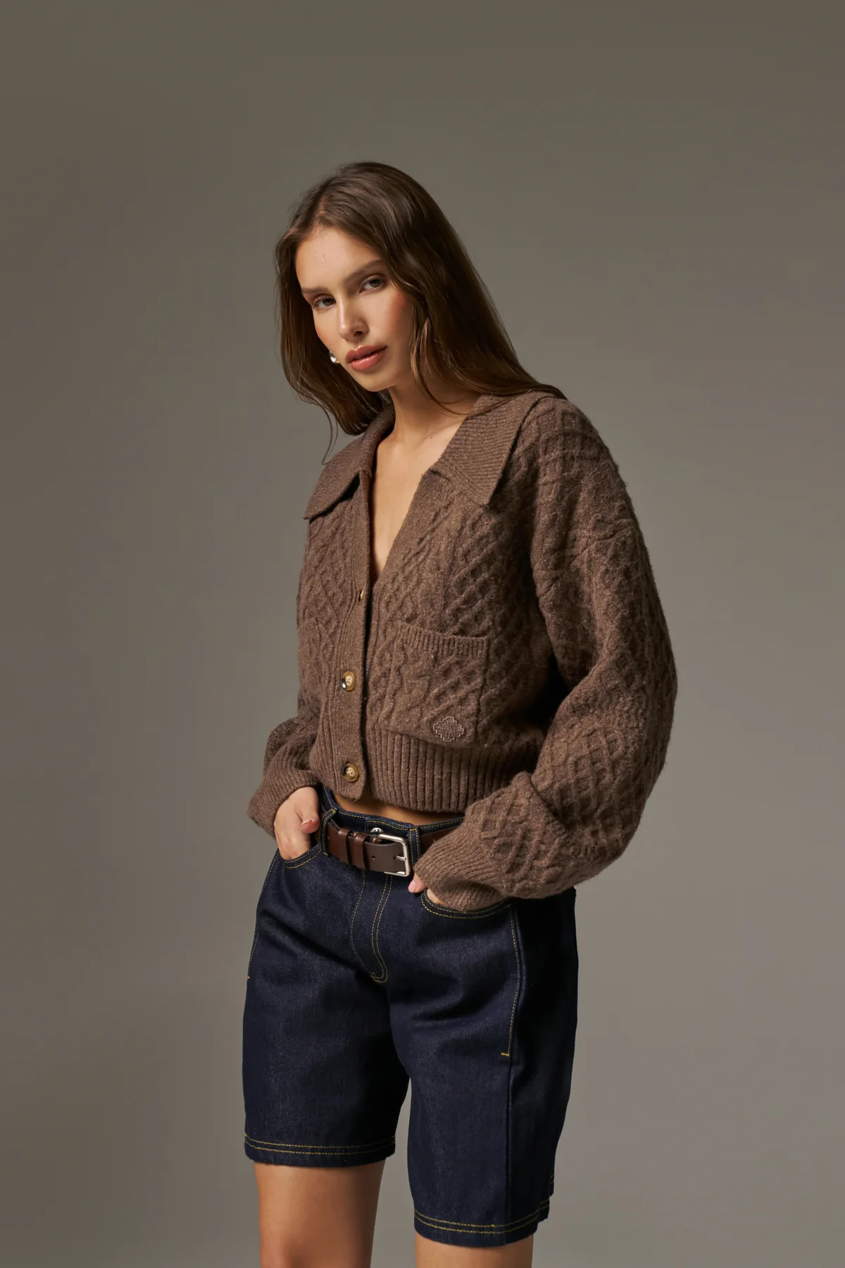 CABLE KNIT CARDIGAN - BROWN | The Couture Club