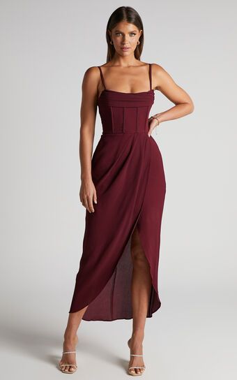 Andrina Midi Dress - High Low Wrap Corset Dress in Wine | Showpo (US, UK & Europe)