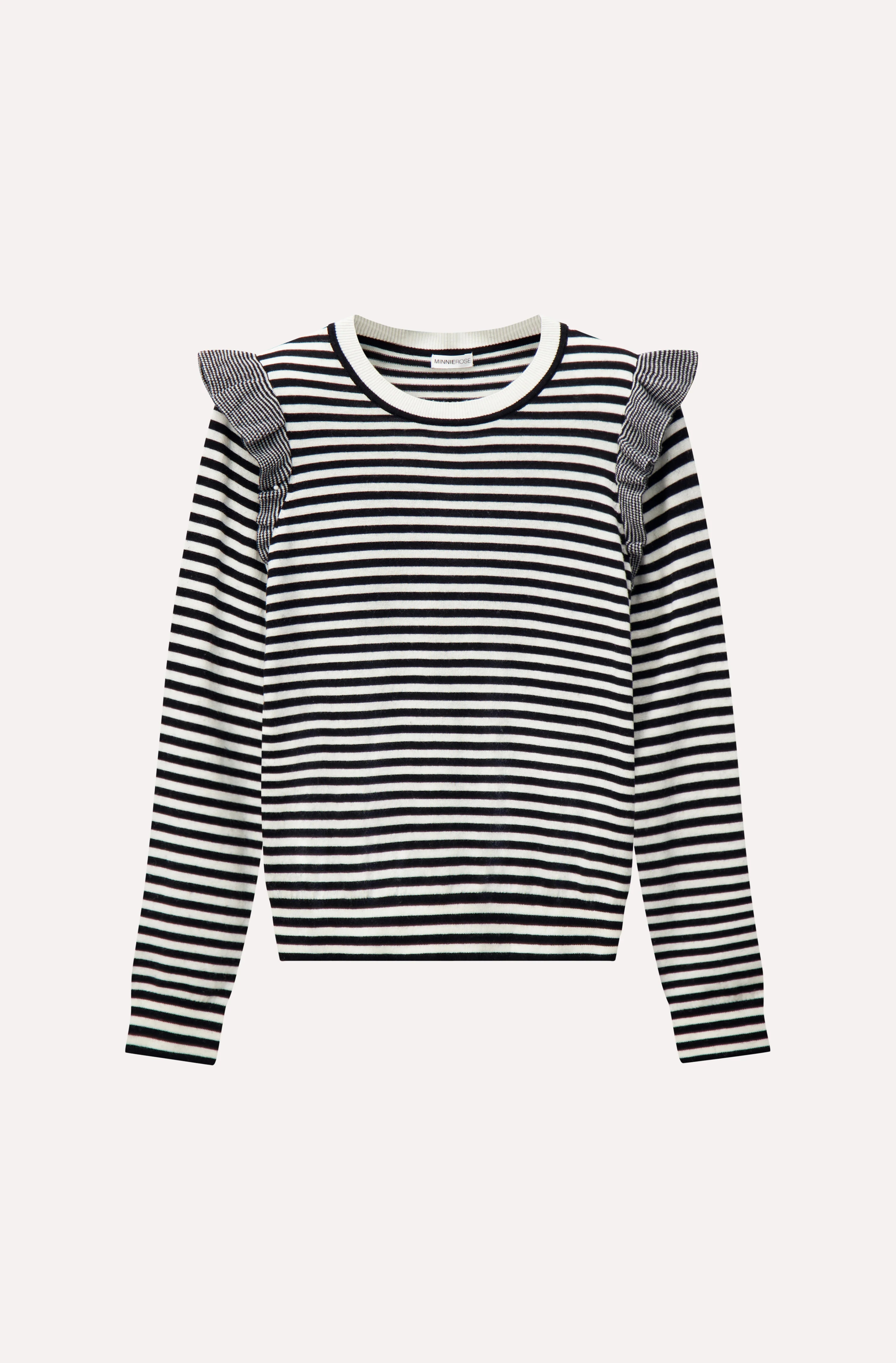 Supima Cotton Cashmere Striped Crew with Ruffle BLACK/WHITE / S | Minnie Rose