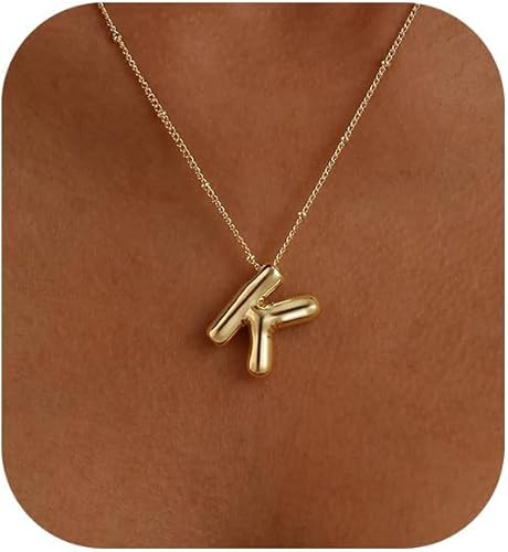 Initial Necklaces for Women, 14k Gold Plated Bubble Letter Necklace Chunky Gold Necklace Dainty C... | Amazon (US)