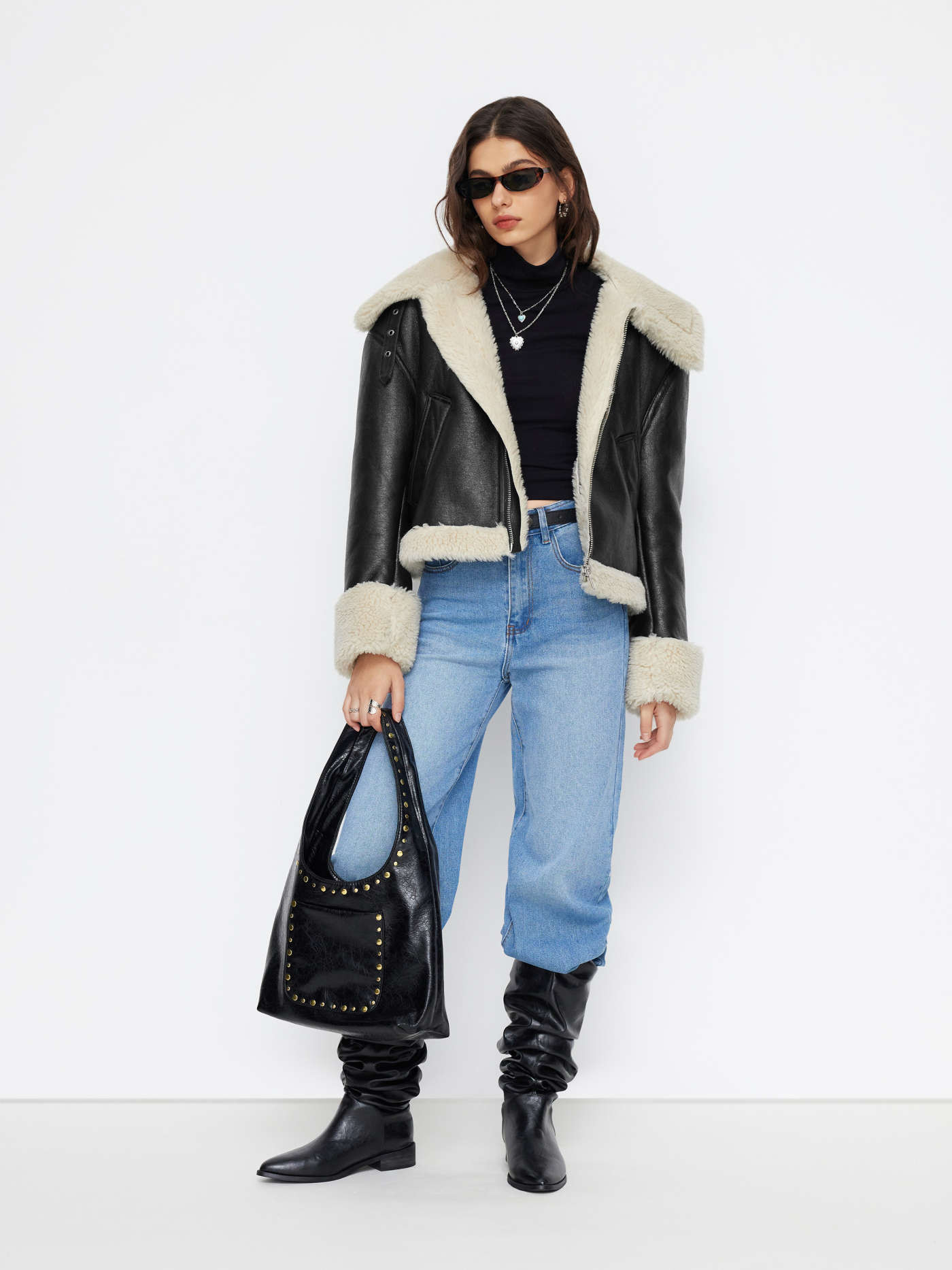 Faux Shearling Faux Shearling Collar Belted Oversized Jacket For School | Cider