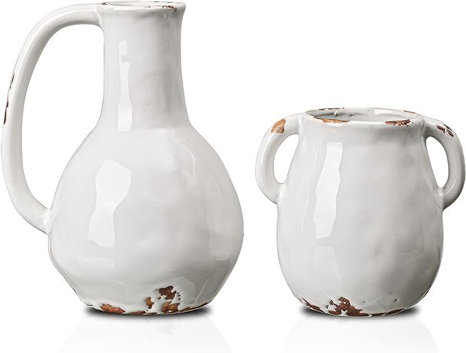 TERESA'S COLLECTIONS White Ceramic Vase with Handle, Rustic Vase for Home Decor, Distressed Farmh... | Amazon (US)