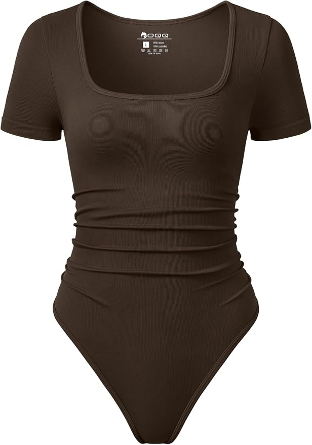 OQQ Women Bodysuits Ruched Short Sleeve Square Neck Stretch Lounge Travel Bodysuits | Amazon (US)